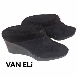 VAN ELi Black Faux Fur/Suede Mule 4” Wedge GUC 10M